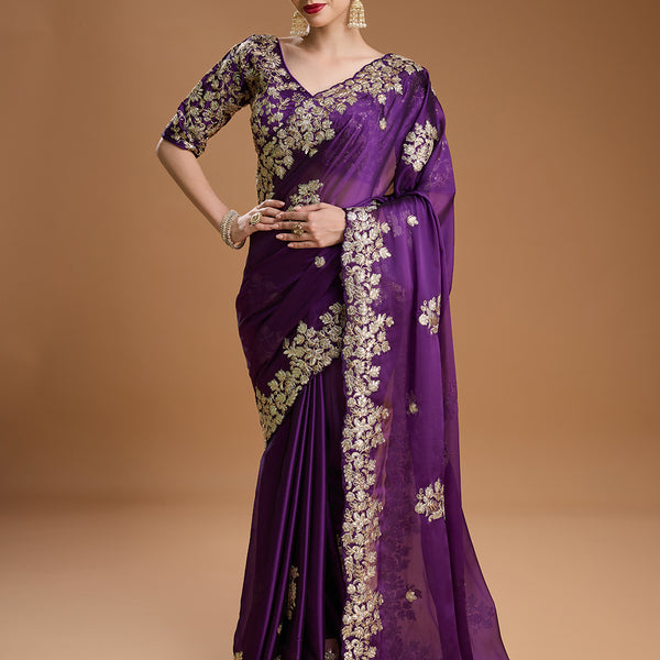 Jyoti Fashion Women's Purple Jimmy Choo Embroidered & Coding Designer Saree with Blouse - Distacart