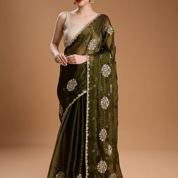 Jyoti Fashion Women's Dark Green Jimmy Choo Sequins Embroidered Designer Saree with Blouse - Distacart