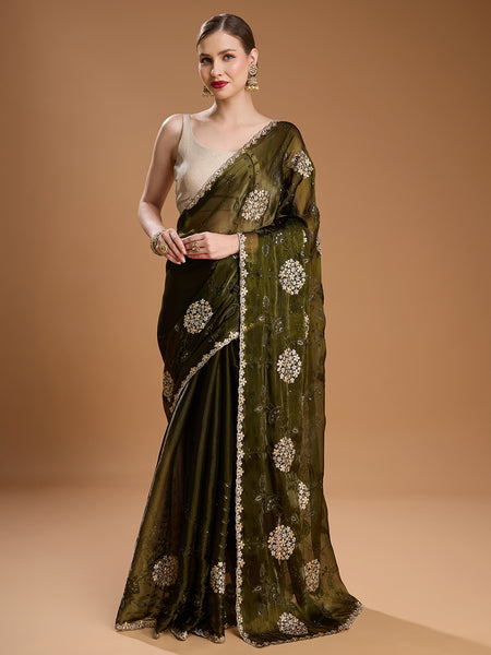 Jyoti Fashion Women's Dark Green Jimmy Choo Sequins Embroidered Designer Saree with Blouse