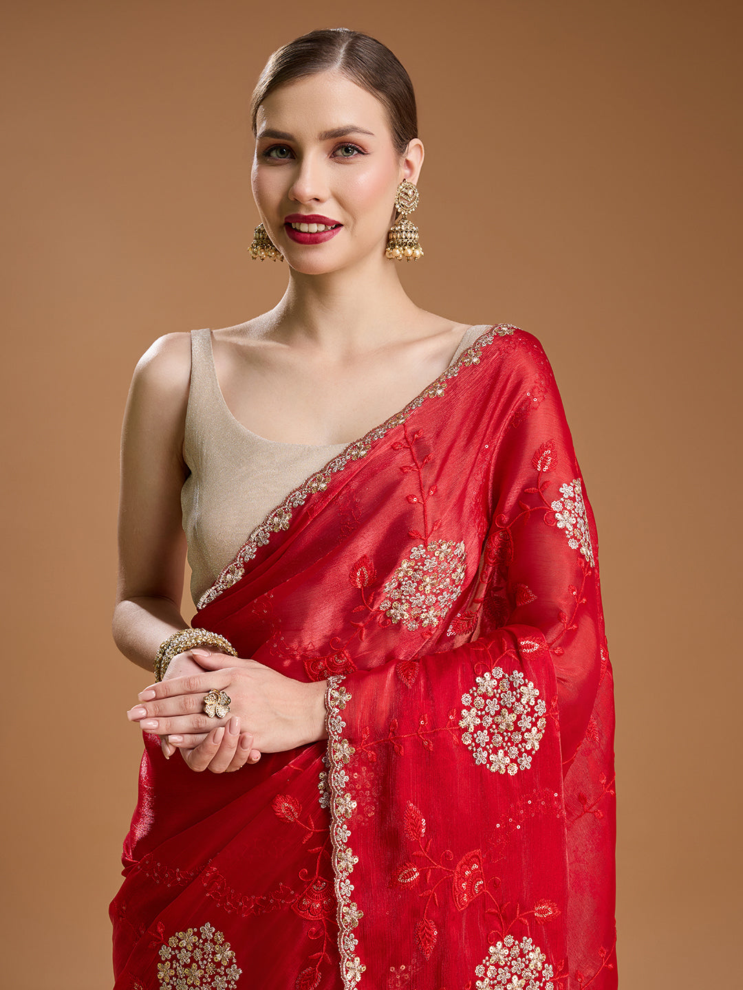 Jyoti Fashion Women's Maroon Jimmy Choo Sequins Embroidered Designer Saree with Blouse