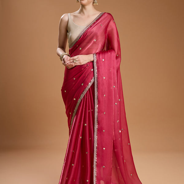 Jyoti Fashion Women's Gajri Red Jimmy Choo Sequins Embroidered Designer Saree with Blouse - Distacart
