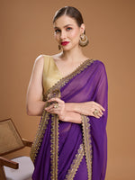 Thumbnail for Jyoti Fashion Women's Purple Georgette Sequins Embroidered Designer Saree with Blouse