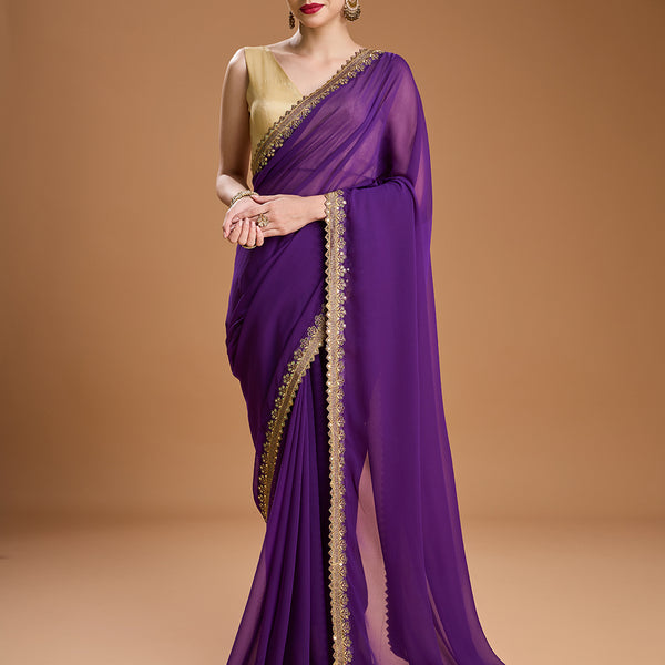 Jyoti Fashion Women's Purple Georgette Sequins Embroidered Designer Saree with Blouse - Distacart