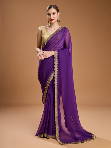 Jyoti Fashion Women's Purple Georgette Sequins Embroidered Designer Saree with Blouse
