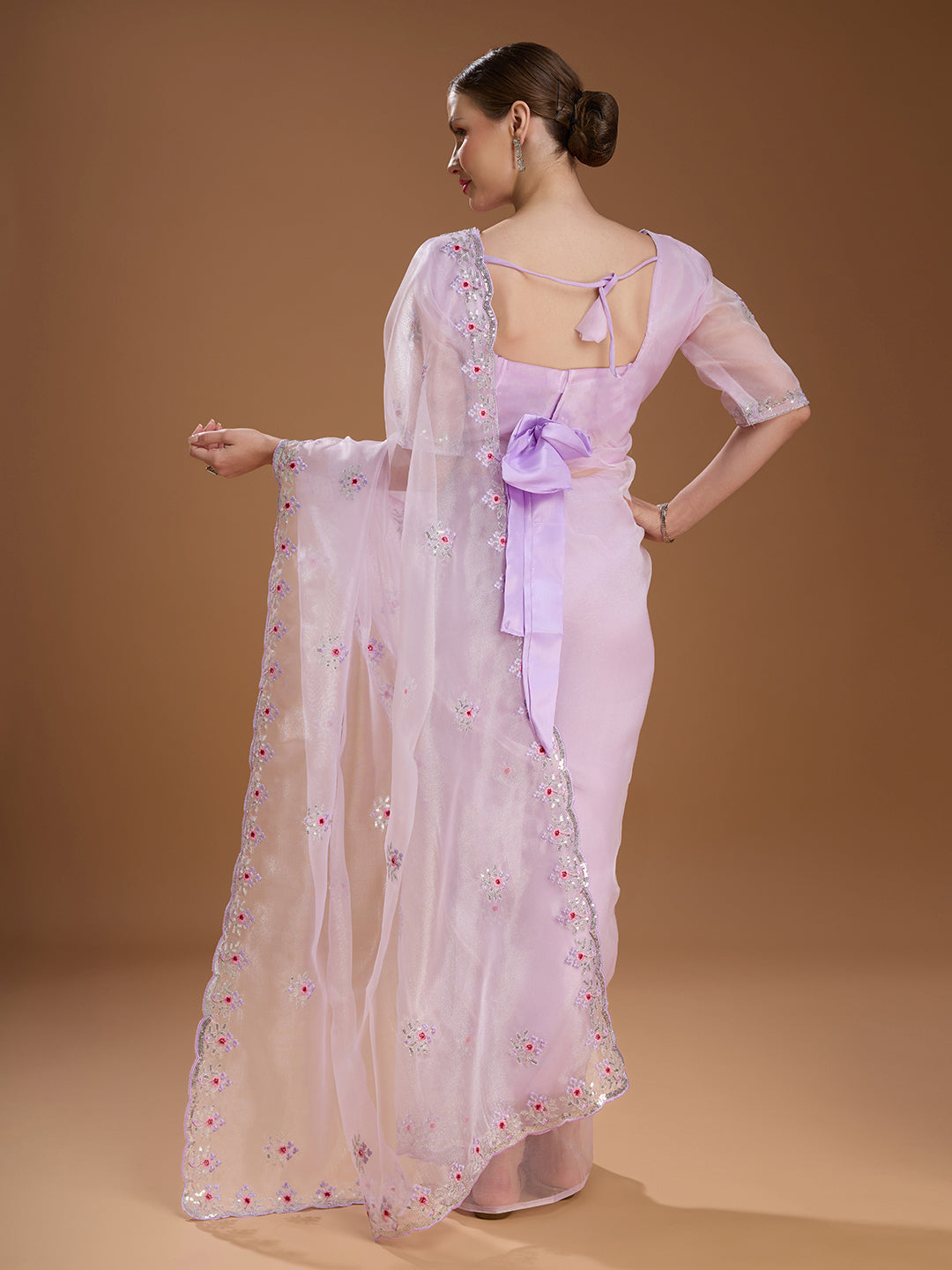 Jyoti Fashion Women's Light Purple Net Sequins Embroidered Designer Saree with Blouse