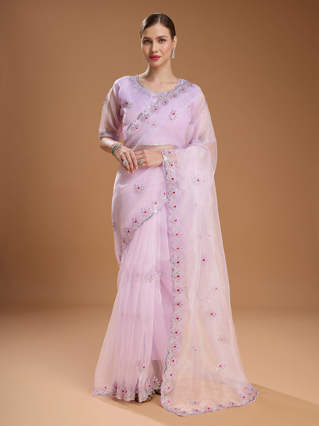 Jyoti Fashion Women's Light Purple Net Sequins Embroidered Designer Saree with Blouse