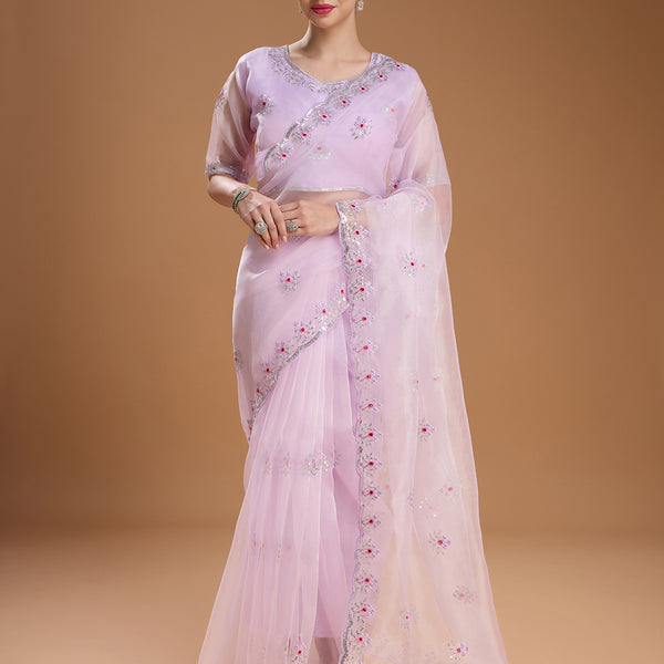 Jyoti Fashion Women's Light Purple Net Sequins Embroidered Designer Saree with Blouse - Distacart