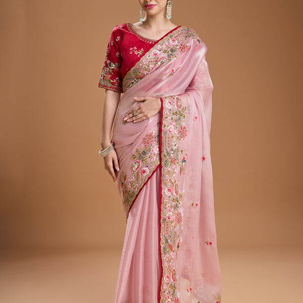 Jyoti Fashion Women's Baby Pink Jimmy Choo Sequins Coding Embroidered Designer Saree with Blouse - Distacart