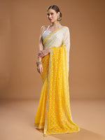 Thumbnail for Jyoti Fashion Women's Yellow Georgette Embroidered Mirror Designer Saree with Blouse