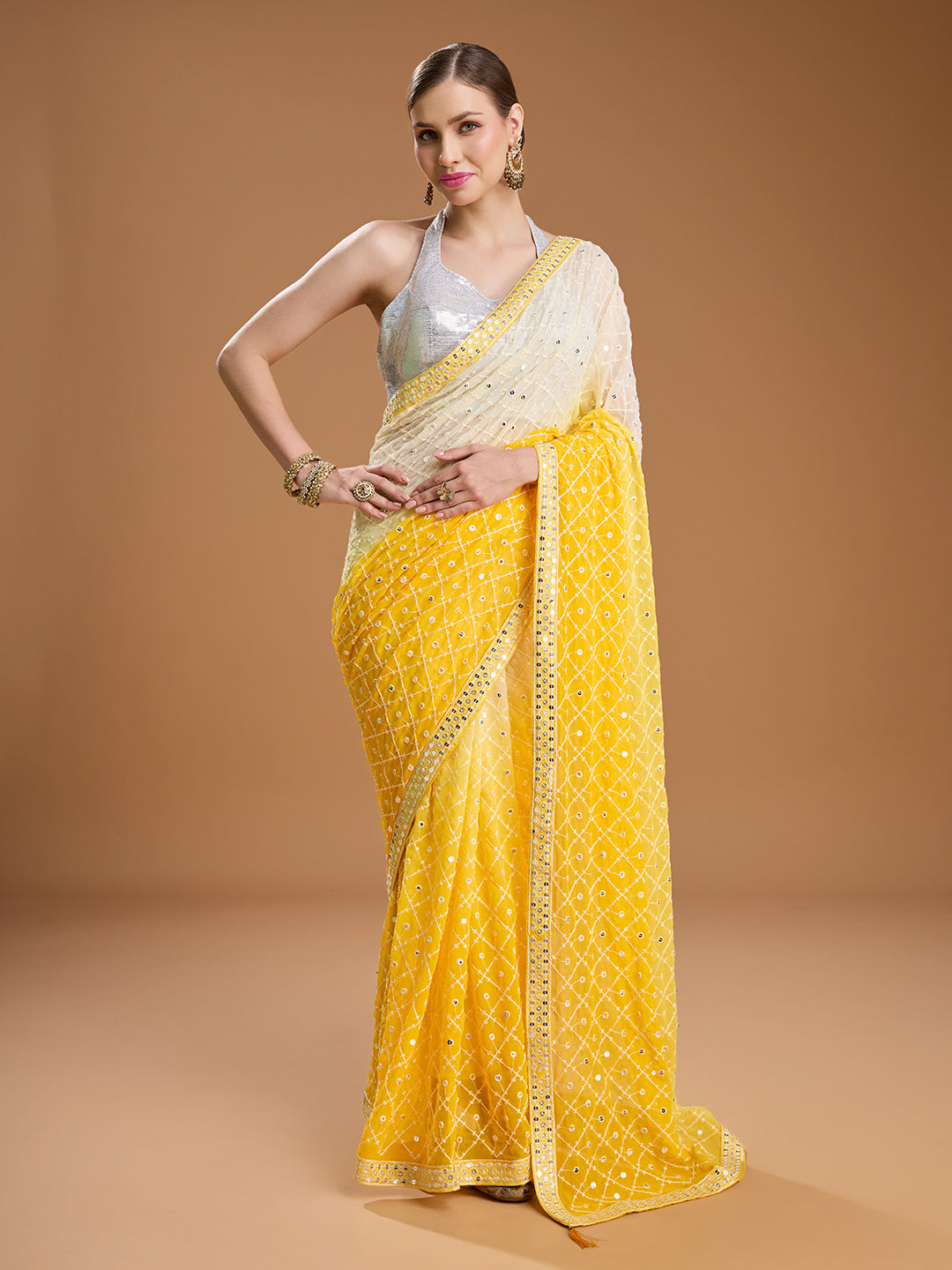 Jyoti Fashion Women's Yellow Georgette Embroidered Mirror Designer Saree with Blouse