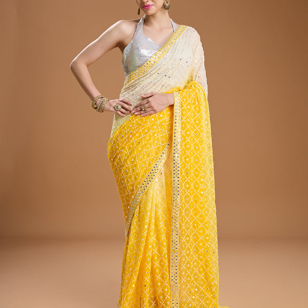 Jyoti Fashion Women's Yellow Georgette Embroidered Mirror Designer Saree with Blouse - Distacart