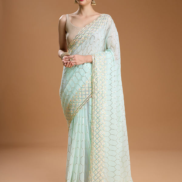 Jyoti Fashion Women's Sky Blue Georgette Sequins Embroidered Designer Saree with Blouse - Distacart