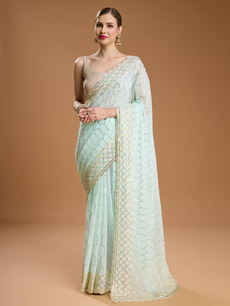 Jyoti Fashion Women's Sky Blue Georgette Sequins Embroidered Designer Saree with Blouse