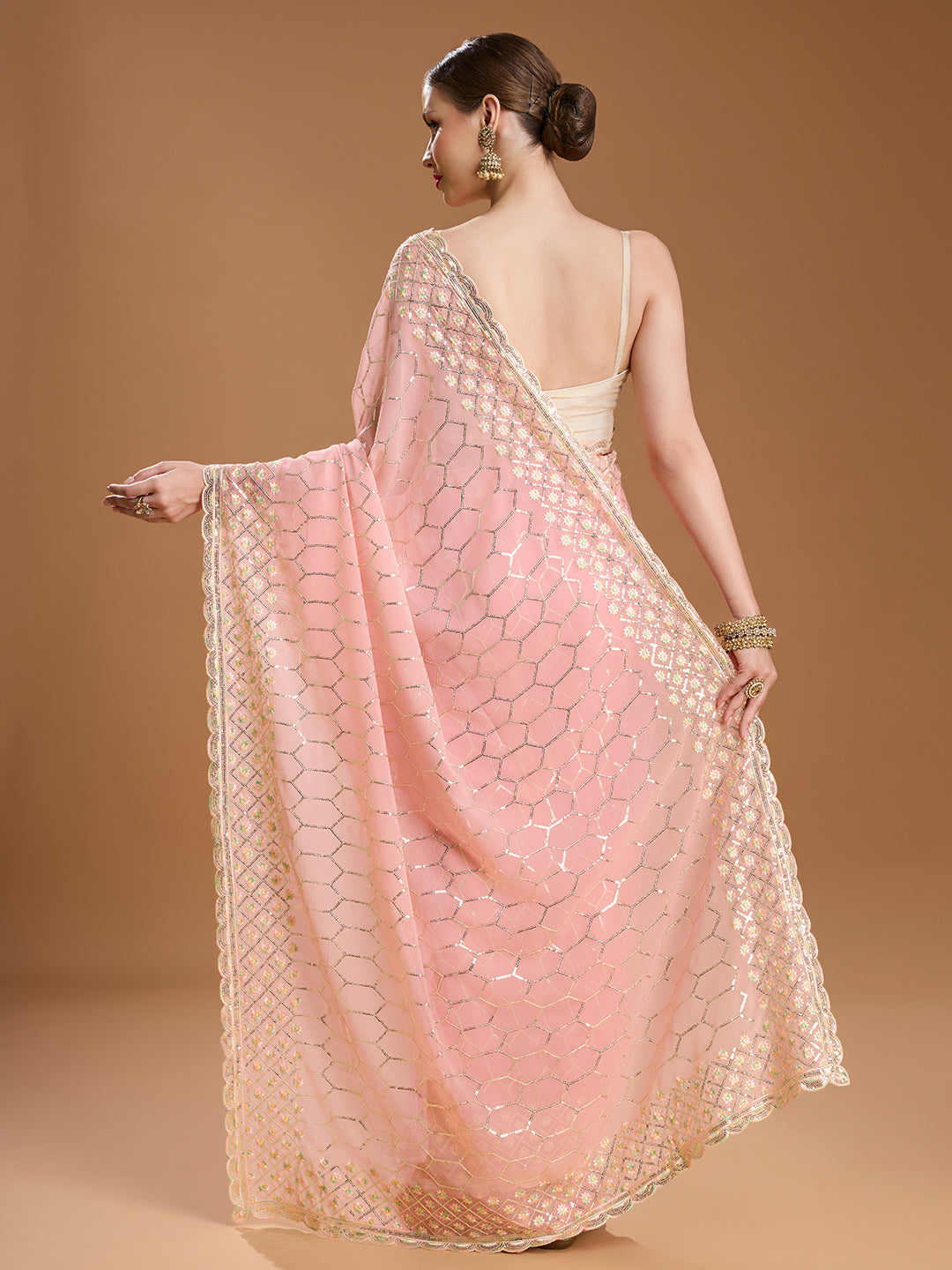 Jyoti Fashion Women's Peach Georgette Sequins Embroidered Designer Saree with Blouse