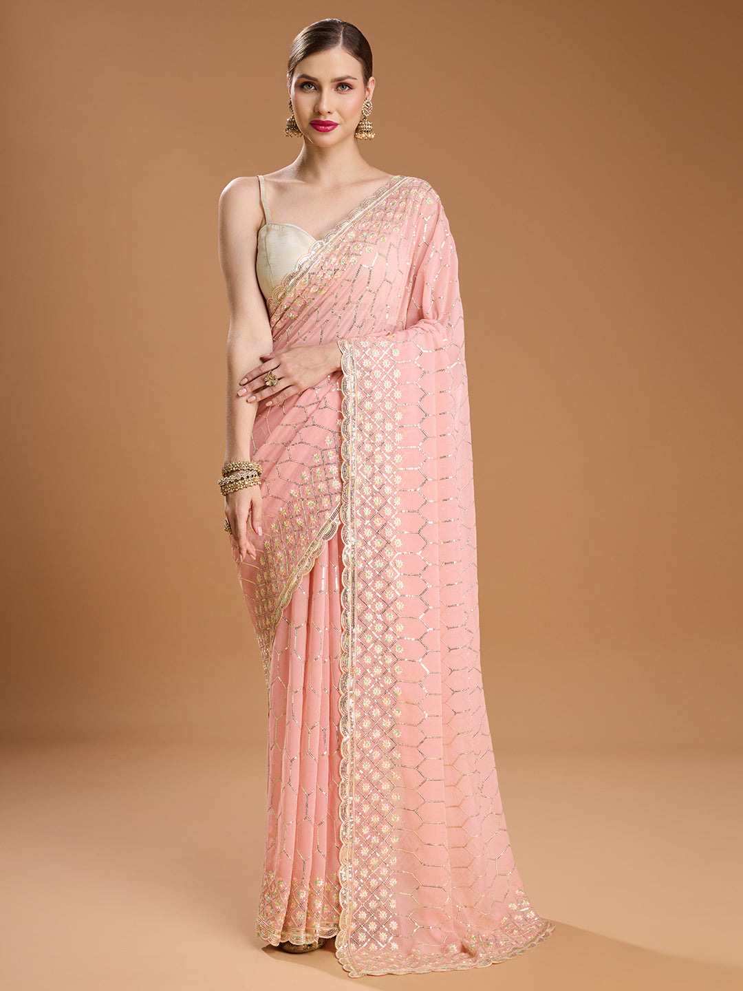 Jyoti Fashion Women's Peach Georgette Sequins Embroidered Designer Saree with Blouse