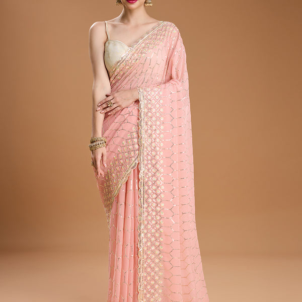 Jyoti Fashion Women's Peach Georgette Sequins Embroidered Designer Saree with Blouse - Distacart