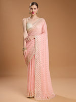 Thumbnail for Jyoti Fashion Women's Peach Georgette Sequins Embroidered Designer Saree with Blouse