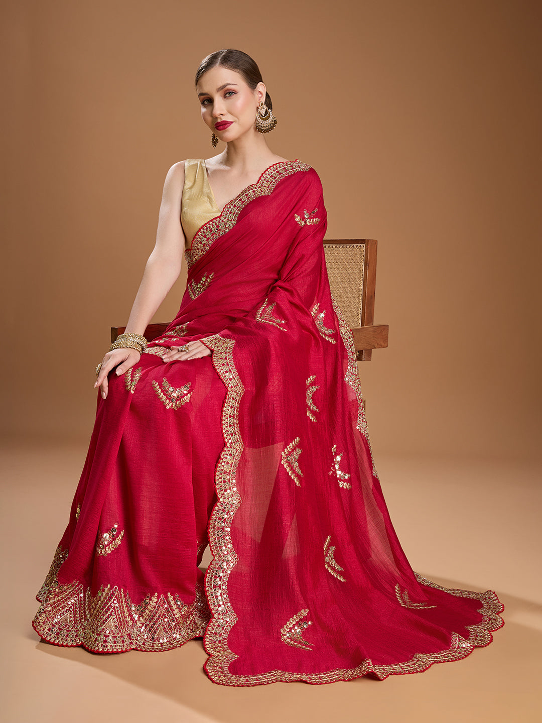 Jyoti Fashion Women's Maroon Chiffon Satin Sequins Embroidered Designer Saree with Blouse