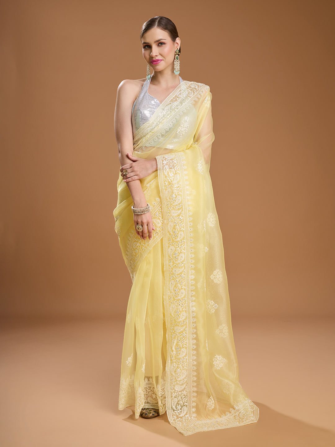 Jyoti Fashion Women's Yellow Net Sequins Embroidered Designer Saree with Blouse