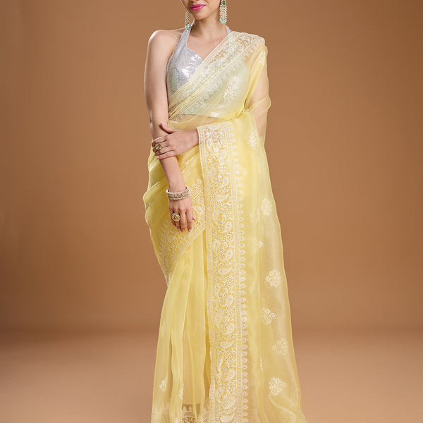 Jyoti Fashion Women's Yellow Net Sequins Embroidered Designer Saree with Blouse - Distacart