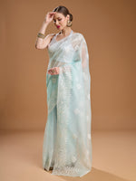 Thumbnail for Jyoti Fashion Women's Sky Blue Net Sequins Embroidered Designer Saree with Blouse