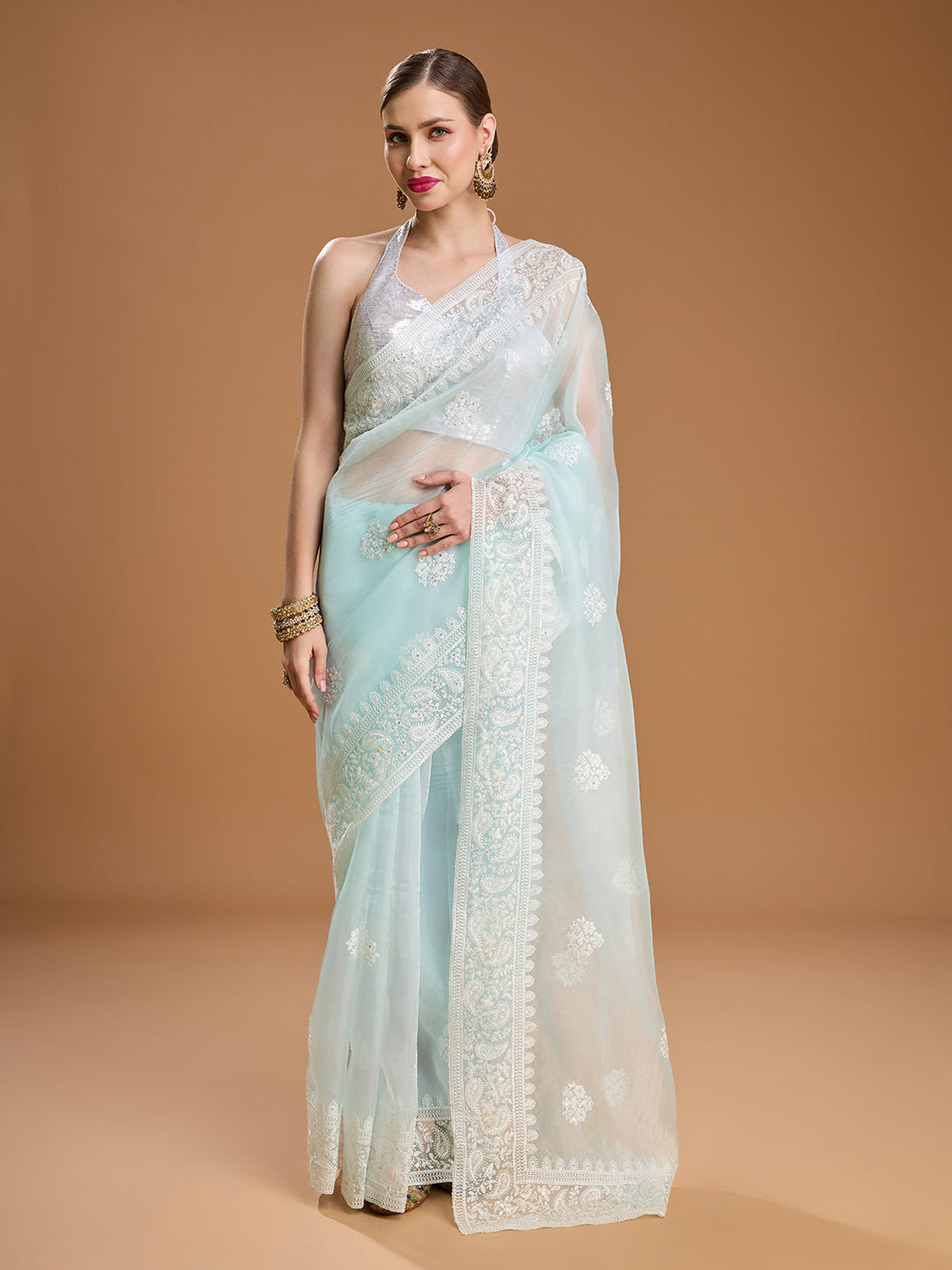 Jyoti Fashion Women's Sky Blue Net Sequins Embroidered Designer Saree with Blouse