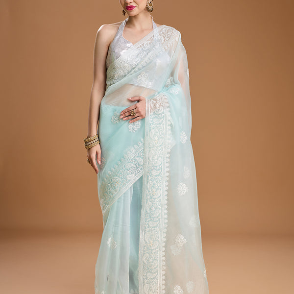 Jyoti Fashion Women's Sky Blue Net Sequins Embroidered Designer Saree with Blouse - Distacart