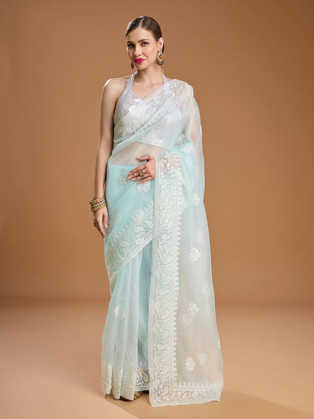 Jyoti Fashion Women's Sky Blue Net Sequins Embroidered Designer Saree with Blouse