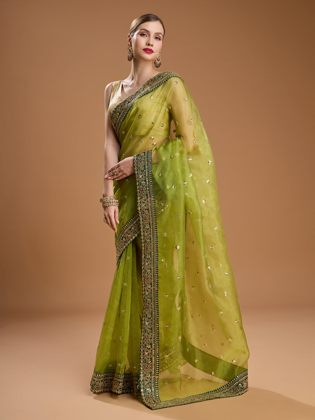 Jyoti Fashion Women's Green Organza Sequins Embroidered Designer Saree with Blouse