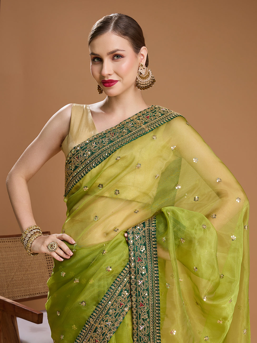 Jyoti Fashion Women's Green Organza Sequins Embroidered Designer Saree with Blouse