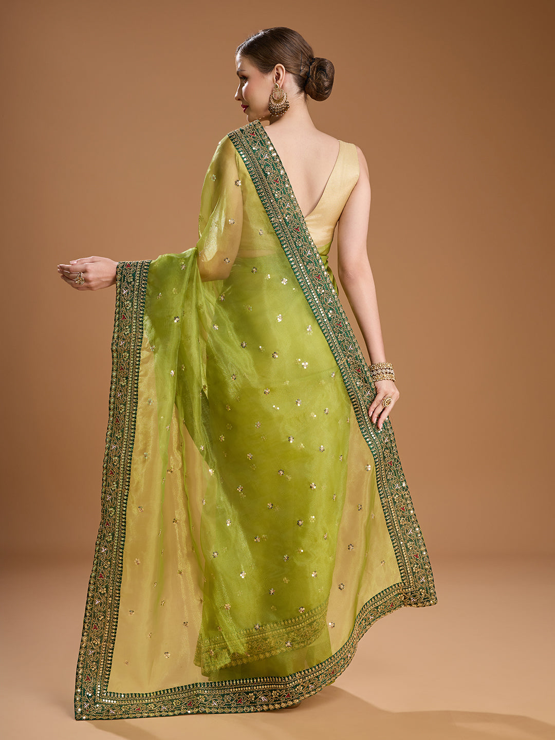 Jyoti Fashion Women's Green Organza Sequins Embroidered Designer Saree with Blouse