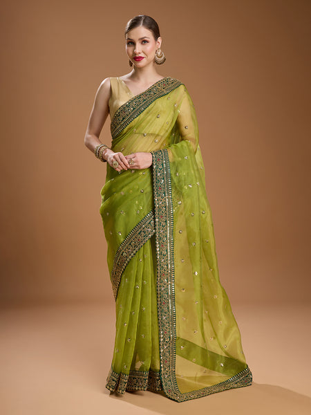 Jyoti Fashion Women's Green Organza Sequins Embroidered Designer Saree with Blouse
