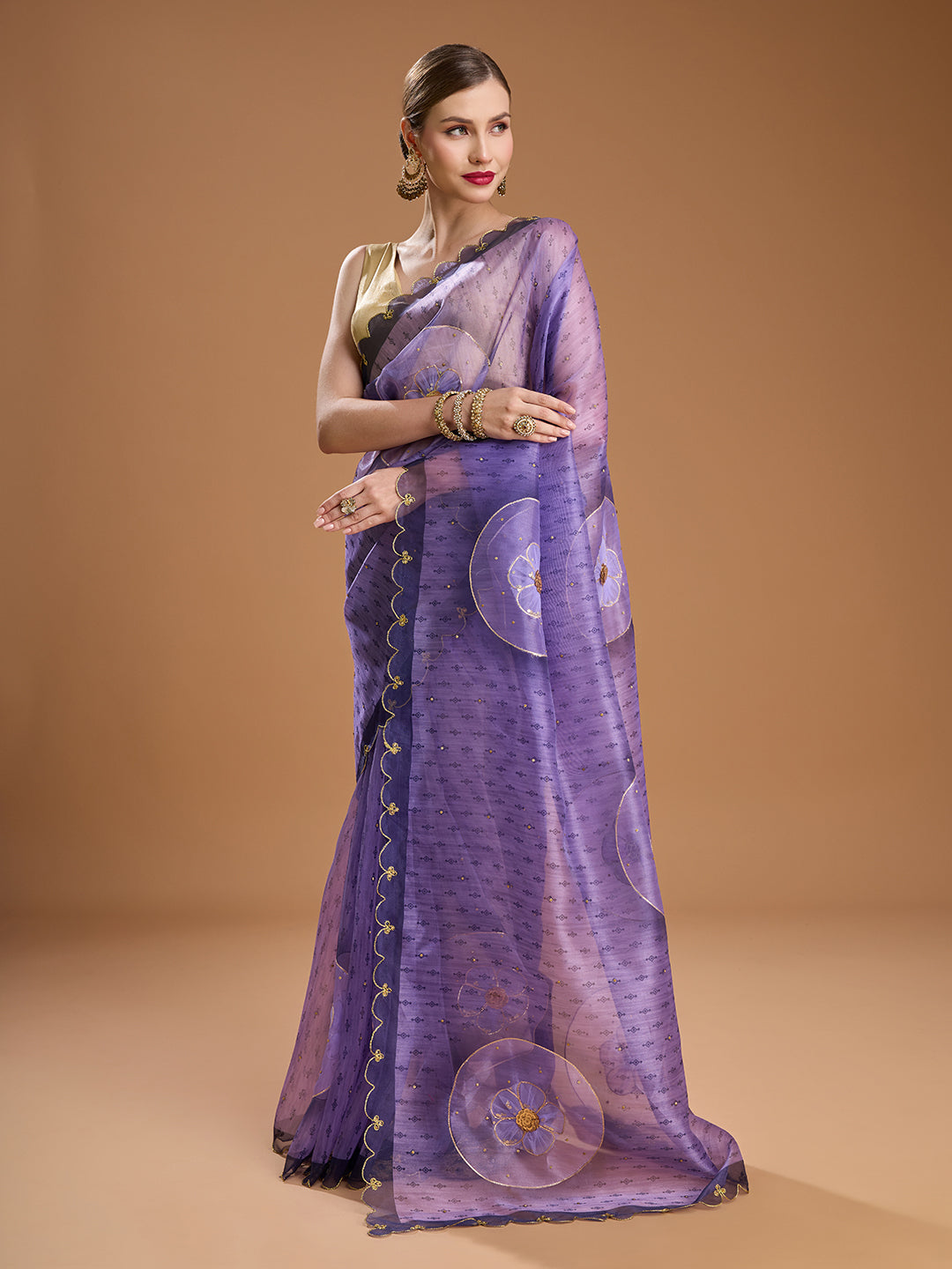 Jyoti Fashion Women's Purple Organza Sequins Embroidered Designer Saree with Blouse