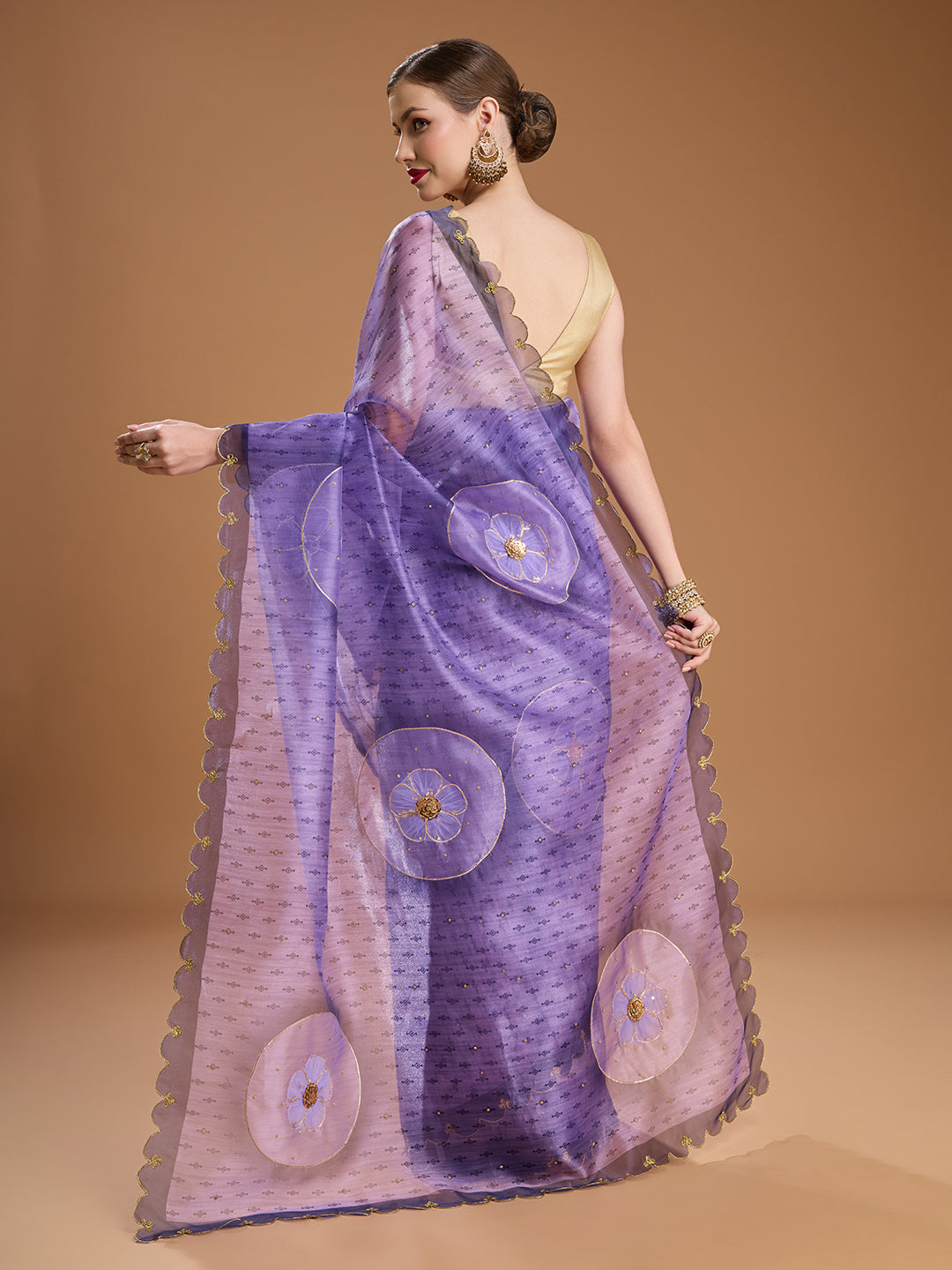 Jyoti Fashion Women's Purple Organza Sequins Embroidered Designer Saree with Blouse