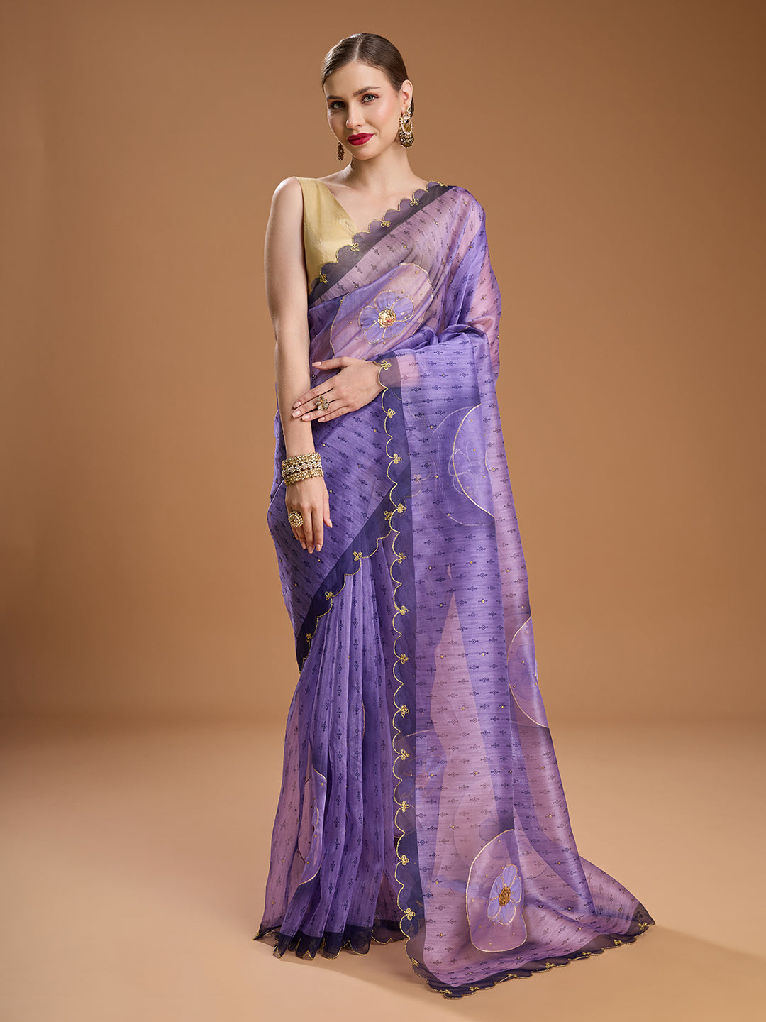 Jyoti Fashion Women's Purple Organza Sequins Embroidered Designer Saree with Blouse