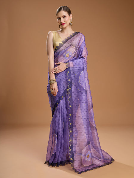 Jyoti Fashion Women's Purple Organza Sequins Embroidered Designer Saree with Blouse