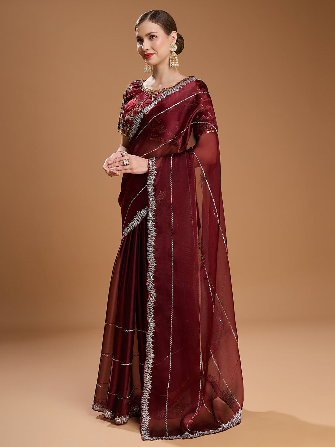 Jyoti Fashion Women's Brown Jimmy Choo Sequins Embroidered Designer Saree with Blouse