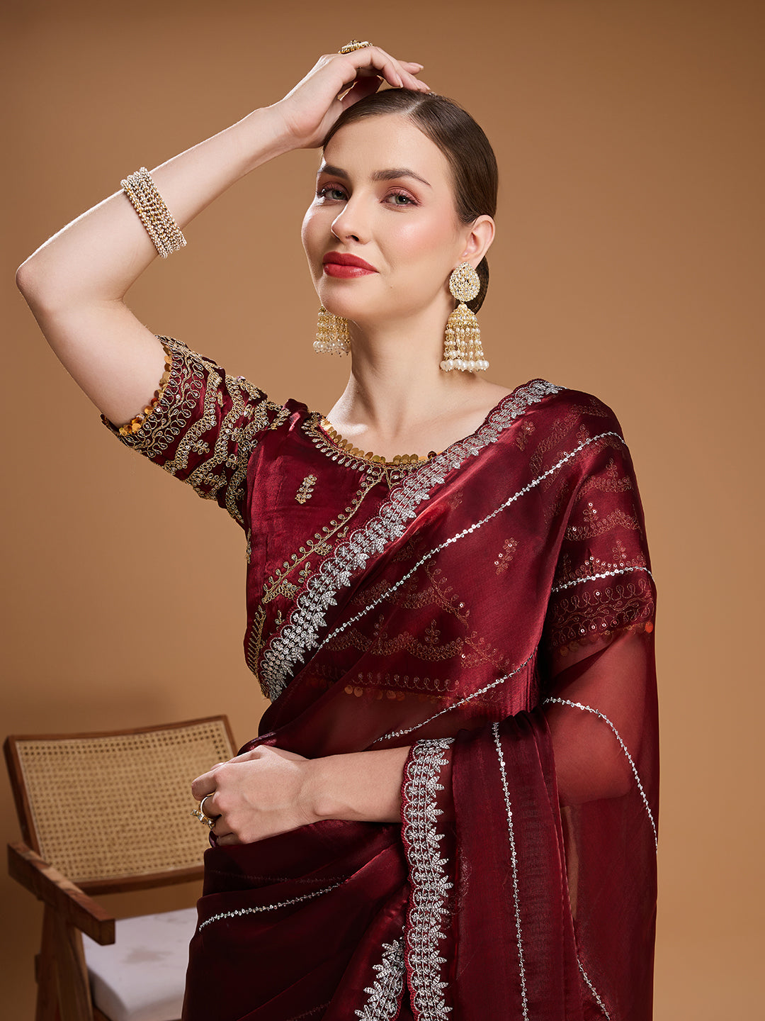 Jyoti Fashion Women's Brown Jimmy Choo Sequins Embroidered Designer Saree with Blouse