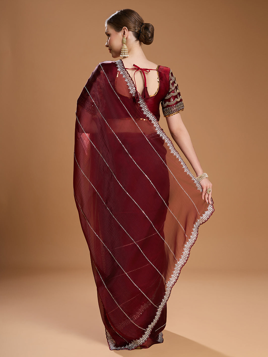 Jyoti Fashion Women's Brown Jimmy Choo Sequins Embroidered Designer Saree with Blouse