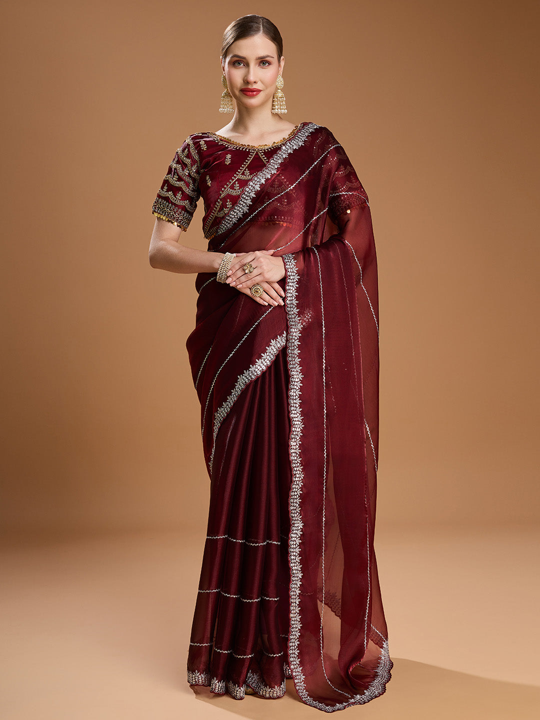 Jyoti Fashion Women's Brown Jimmy Choo Sequins Embroidered Designer Saree with Blouse