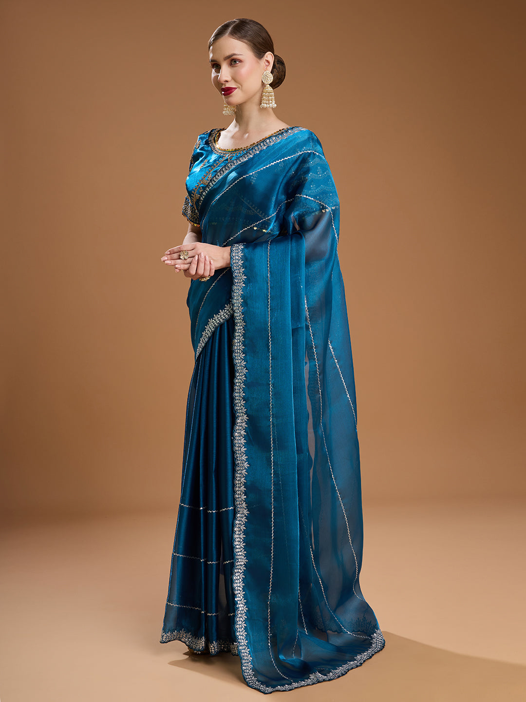 Jyoti Fashion Women's Teal Jimmy Choo Sequins Embroidered Designer Saree with Blouse