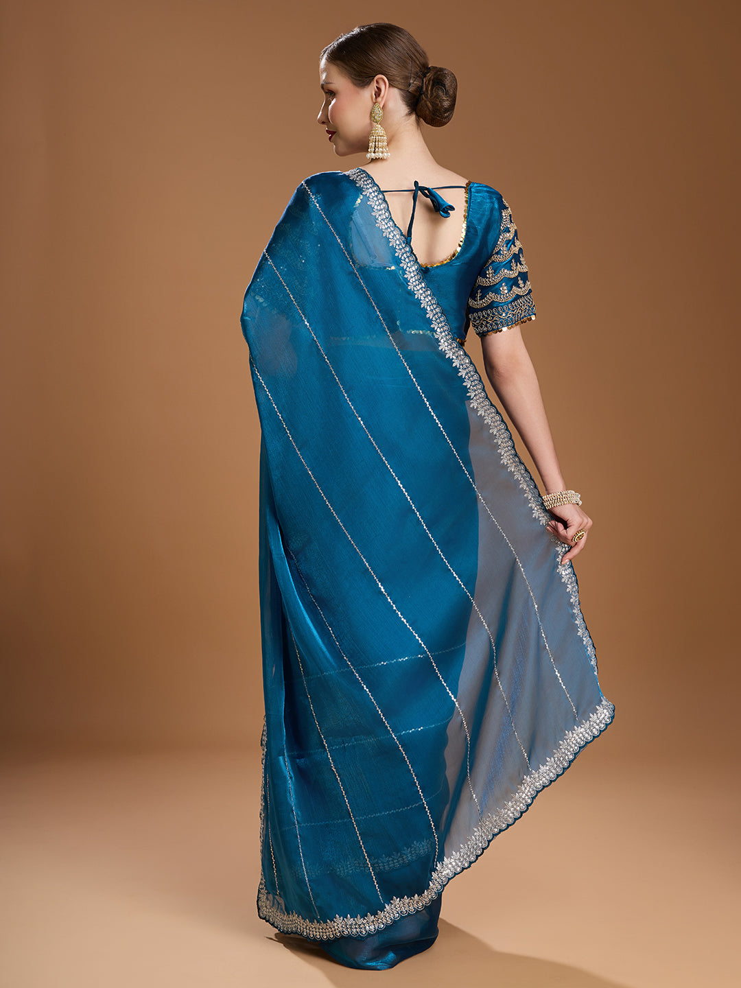 Jyoti Fashion Women's Teal Jimmy Choo Sequins Embroidered Designer Saree with Blouse