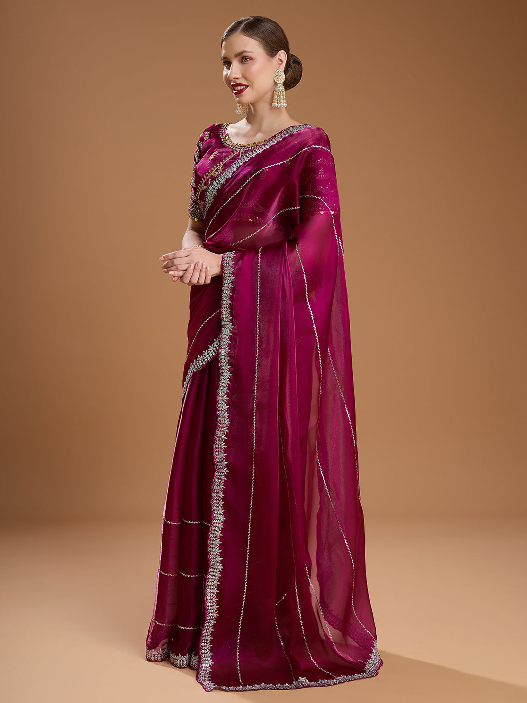 Jyoti Fashion Women's Wine Jimmy Choo Sequins Embroidered Designer Saree with Blouse