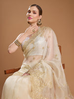Thumbnail for Jyoti Fashion Women's Cream Net Sequins Embroidered Designer Saree with Blouse