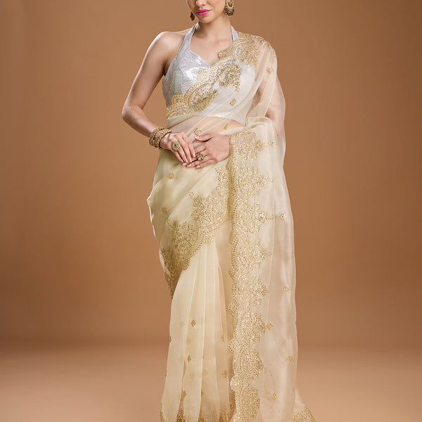 Jyoti Fashion Women's Cream Net Sequins Embroidered Designer Saree with Blouse - Distacart