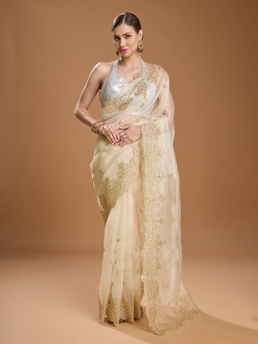 Jyoti Fashion Women's Cream Net Sequins Embroidered Designer Saree with Blouse - Distacart