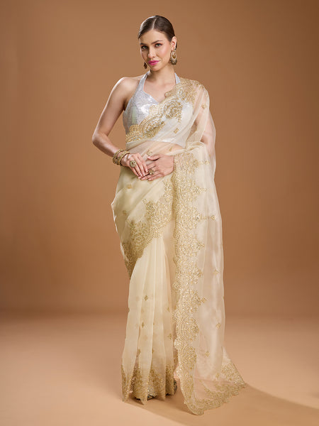 Jyoti Fashion Women's Cream Net Sequins Embroidered Designer Saree with Blouse
