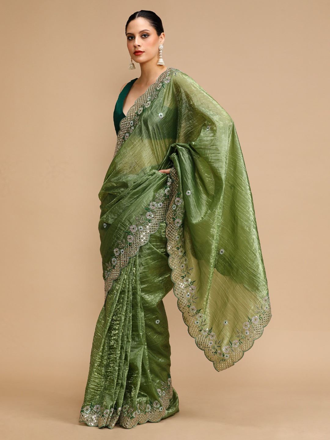 Jyoti Fashion Women's Mehendi Art Silk Sequins Embroidered Designer Saree with Blouse