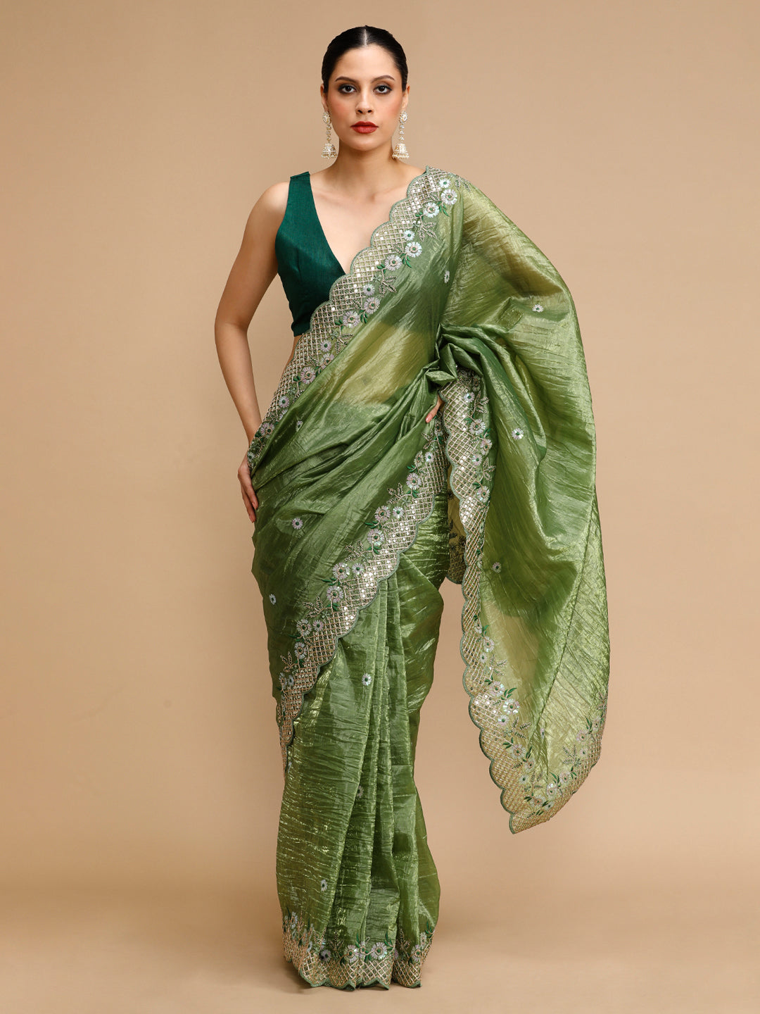 Jyoti Fashion Women's Mehendi Art Silk Sequins Embroidered Designer Saree with Blouse