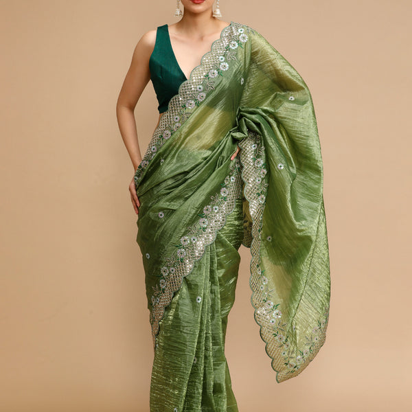 Jyoti Fashion Women's Mehendi Art Silk Sequins Embroidered Designer Saree with Blouse